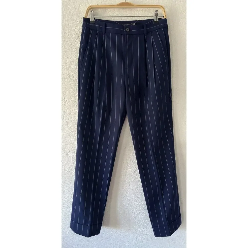 Lauren Ralph Lauren Black Label Pleated Navy Pinstripe Cuffed High Waist Sz 4 - Picture 1 of 14